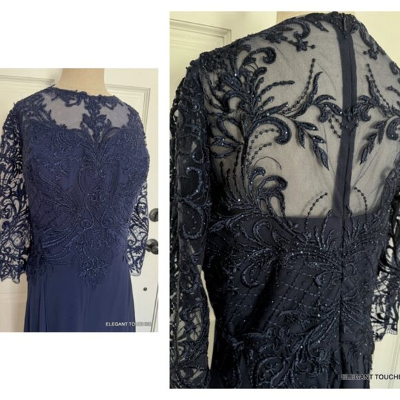 Juliet Womens Plus Bead Tea Length Dress 18W Navy Blue Sheer Lace Modest Midi 1X - Picture 3 of 15